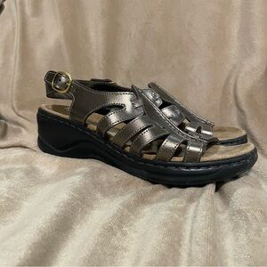 Clarks Marigold Q Multi Metallic Pewter Leather Slingback Sandals.